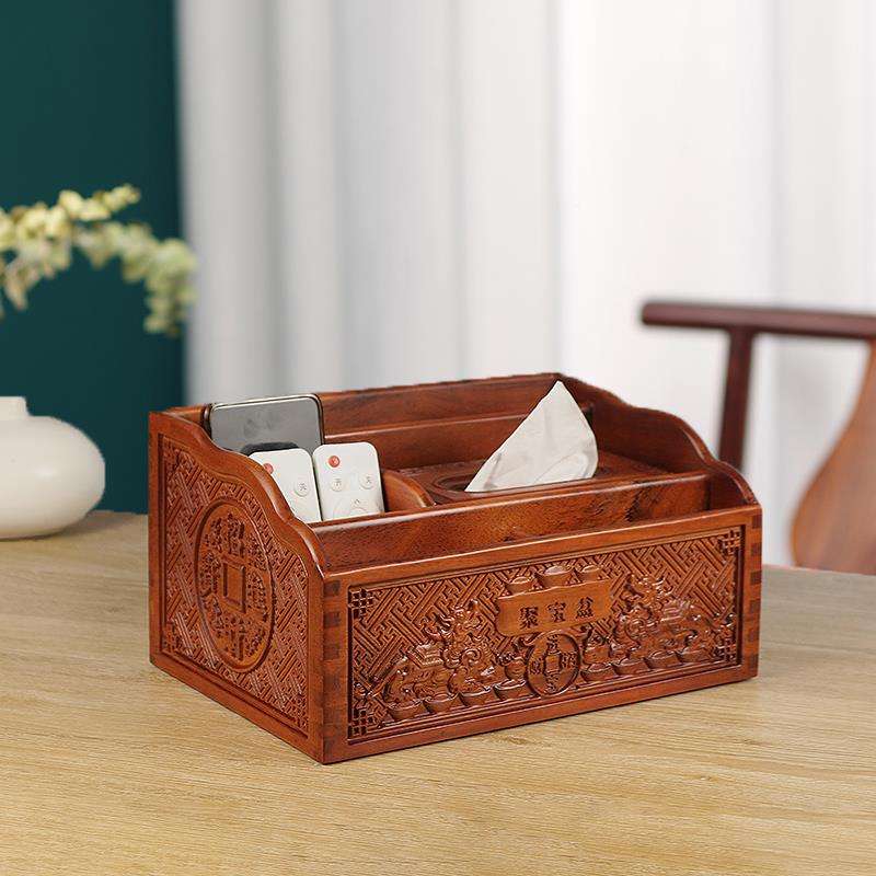 ティッシュケース 和風彫刻細工木製デスクオーガナイザー