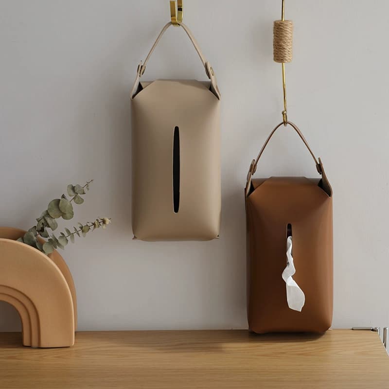 ティッシュケース　吊るせるレザー調ナチュラルティッシュケース