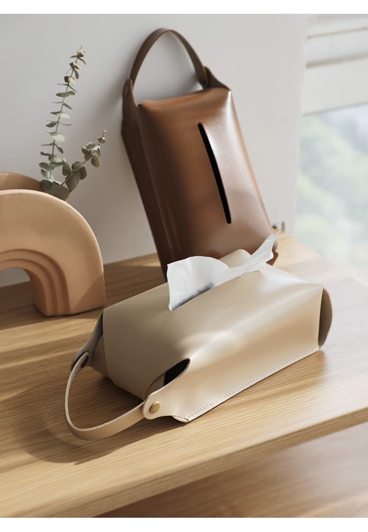 ティッシュケース　吊るせるレザー調ナチュラルティッシュケース