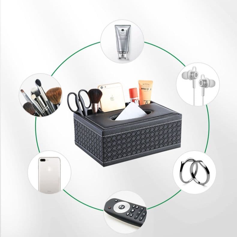 ティッシュケース 編み込み模様　レザー　多機能収納付き