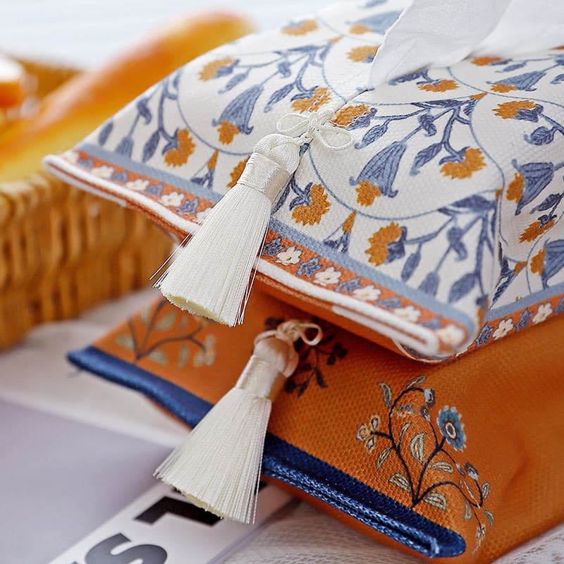 ティッシュケース 花柄刺繍タッセル付きティッシュケース