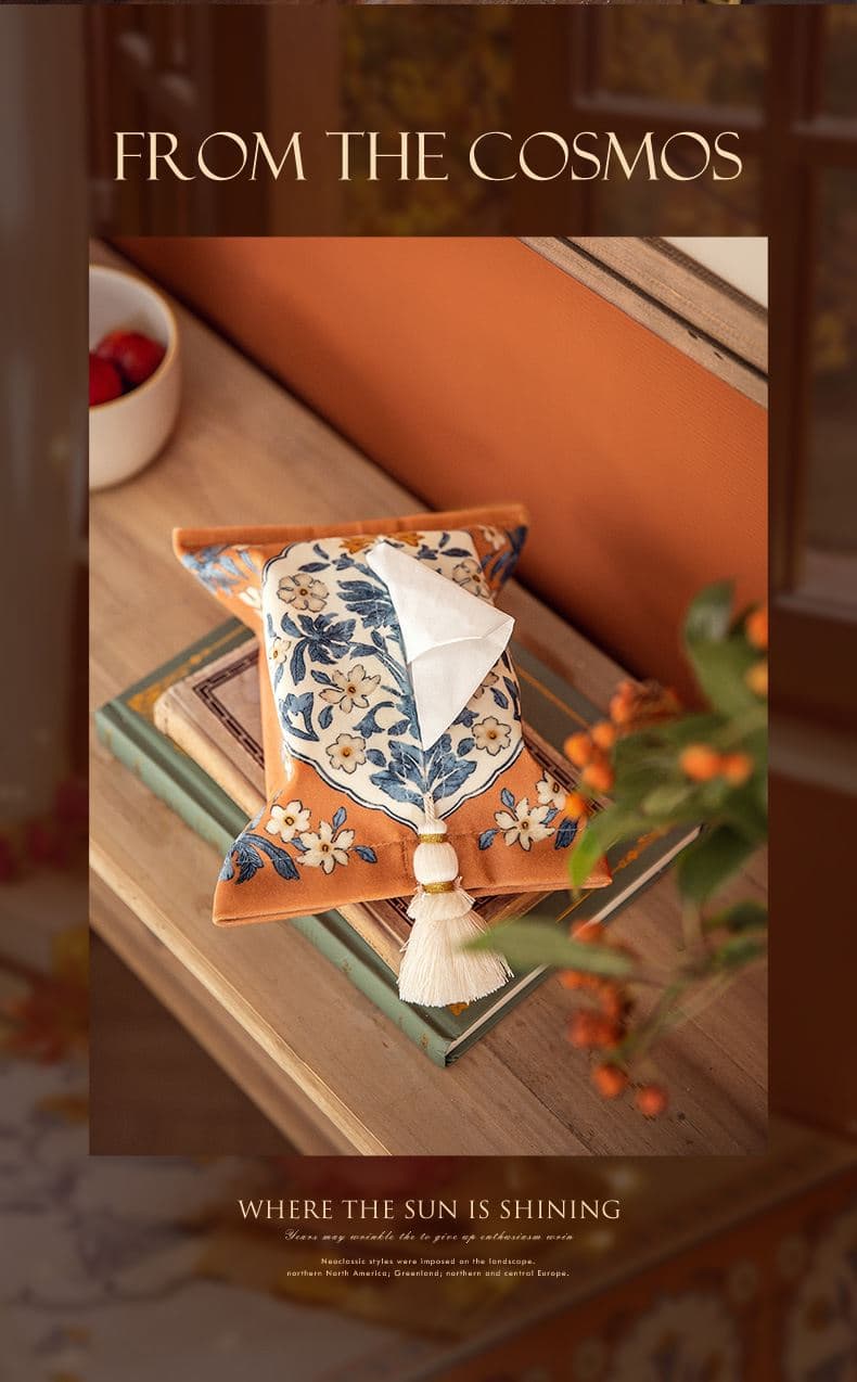 ティッシュケース 花柄刺繍タッセル付きティッシュケース