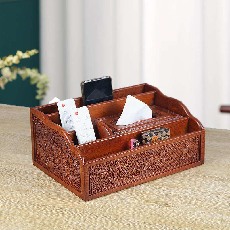 ティッシュケース 和風彫刻細工木製デスクオーガナイザー