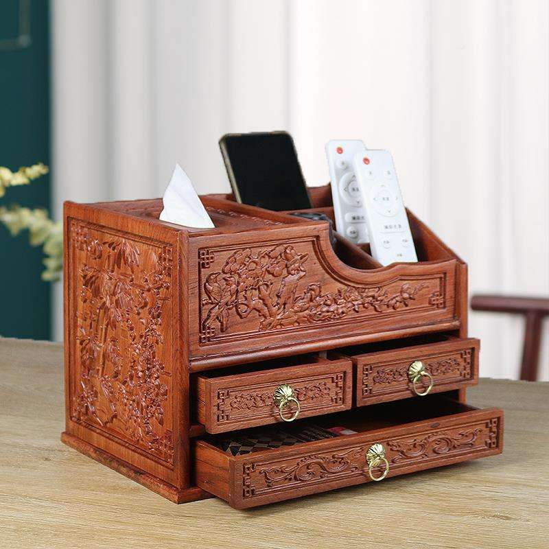 ティッシュケース 和風彫刻細工木製デスクオーガナイザー