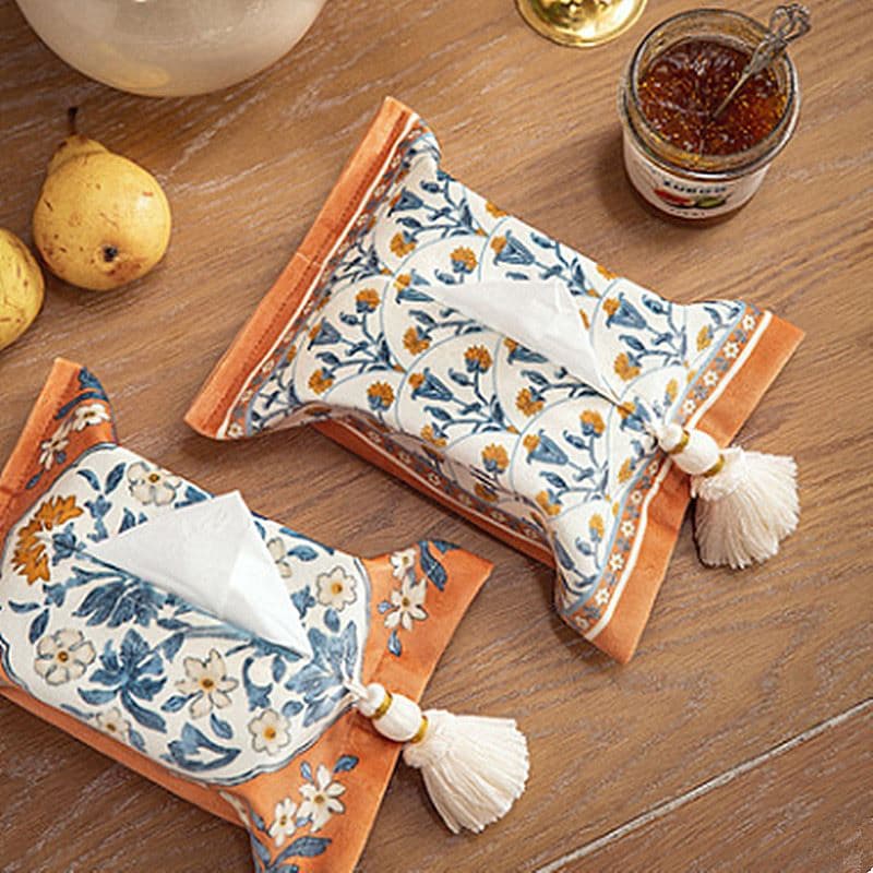 ティッシュケース 花柄刺繍タッセル付きティッシュケース