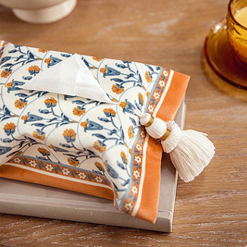 ティッシュケース 花柄刺繍タッセル付きティッシュケース