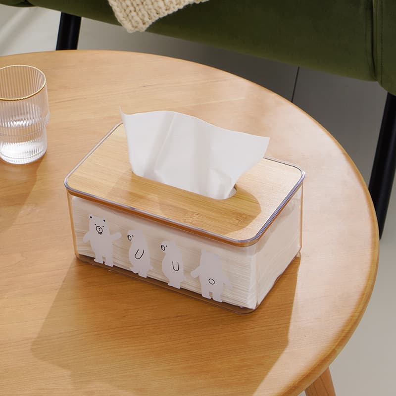 ティッシュケース 木目調蓋付き透明プラスチック製ティッシュボックス