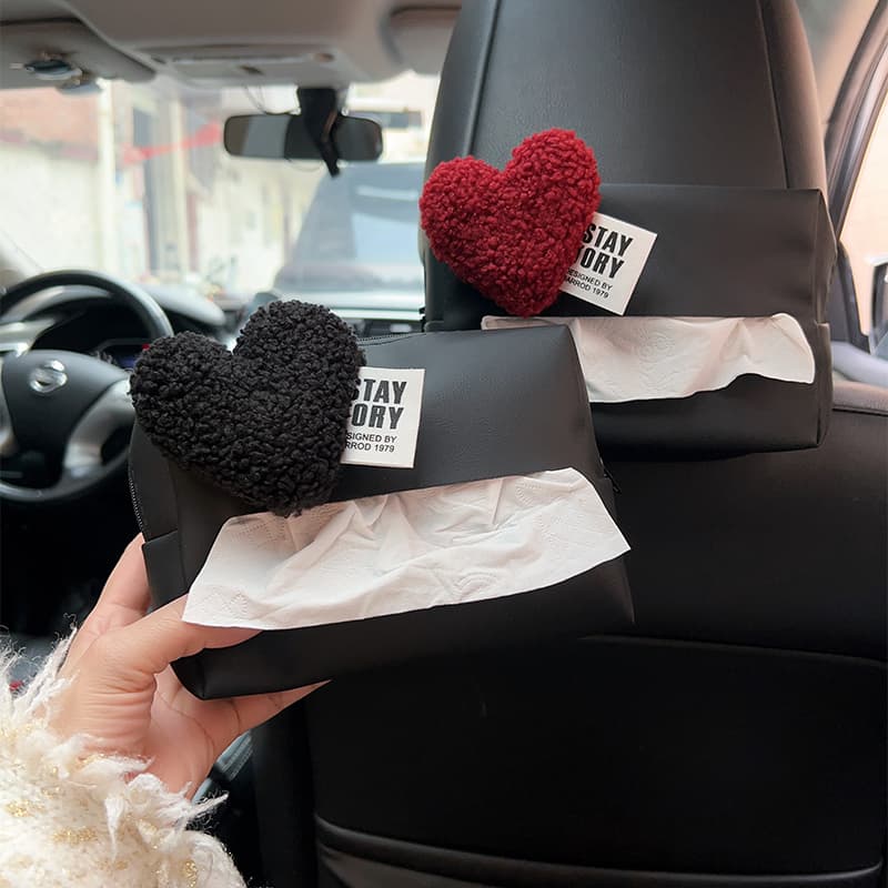 ティッシュケース もこもこハートの車内ティッシュホルダー