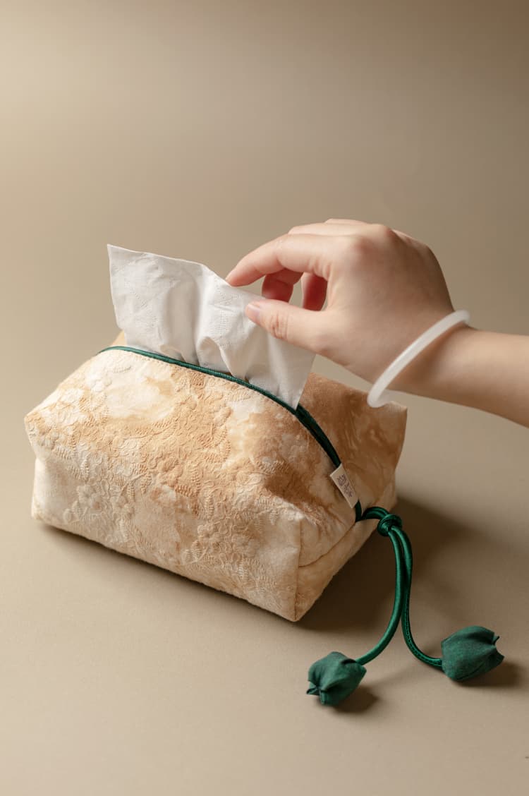 ティッシュケース 山水図絵柄和風巾着型ティッシュケース